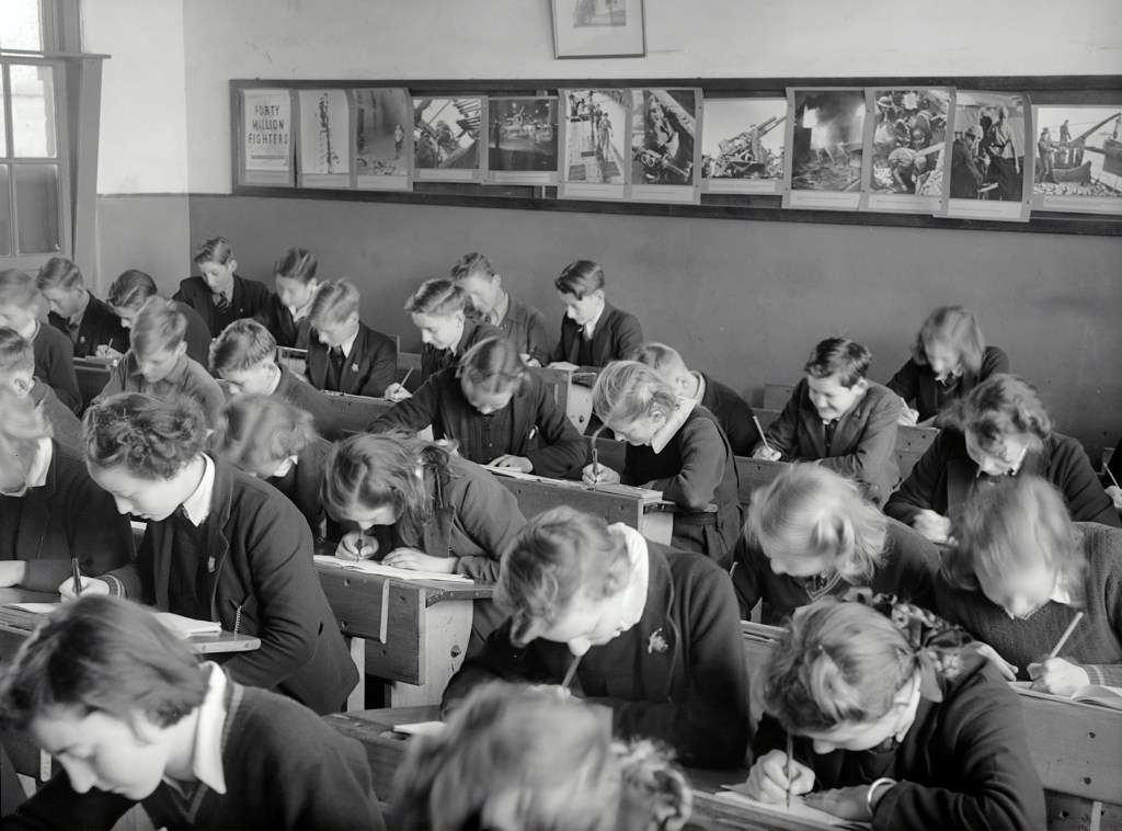 Black and white photo of school children